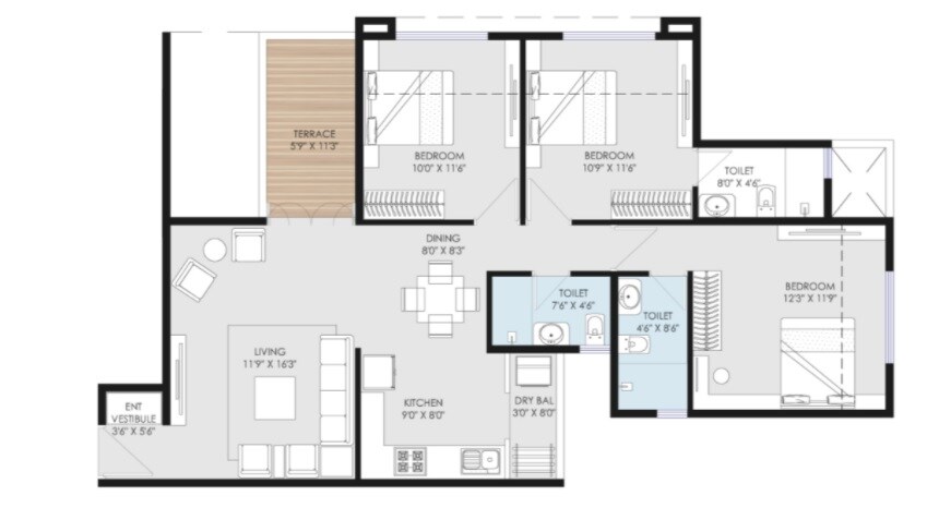 Floor plan of 3 BHK 795 Sq. Ft. Apartment in Goel Ganga Utopia, Pune