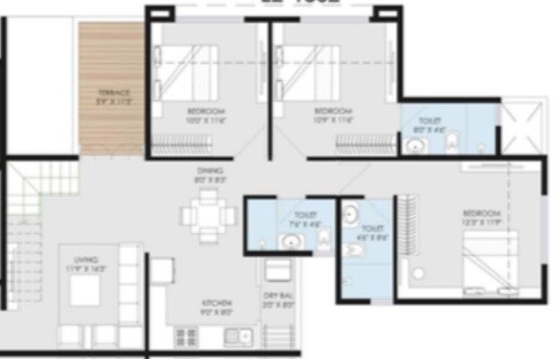 Floor plan of 3 BHK 777 Sq. Ft. Apartment in Goel Ganga Utopia, Pune