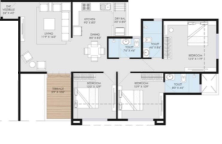 Floor plan of 3 BHK 805 Sq. Ft. Apartment in Goel Ganga Utopia, Pune