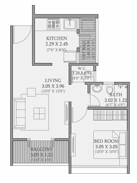 Floor plan of 1 BHK 395 Sq. Ft. Apartment in Goel ganga Vasant, Pune