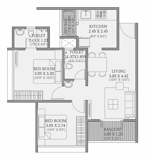 Floor plan of 2 BHK 530 Sq. Ft. Apartment in Goel ganga Vasant, Pune