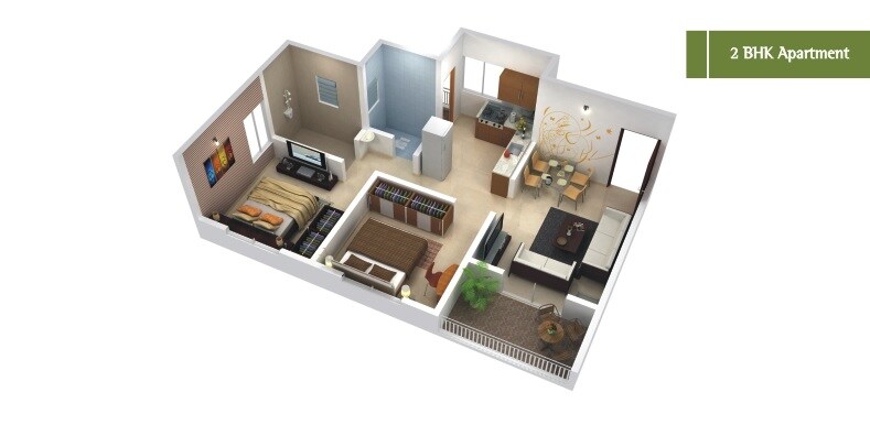 Floor plan of 2 BHK 730 Sq. Ft. Apartment in Goel Ganga Vatika, Pune
