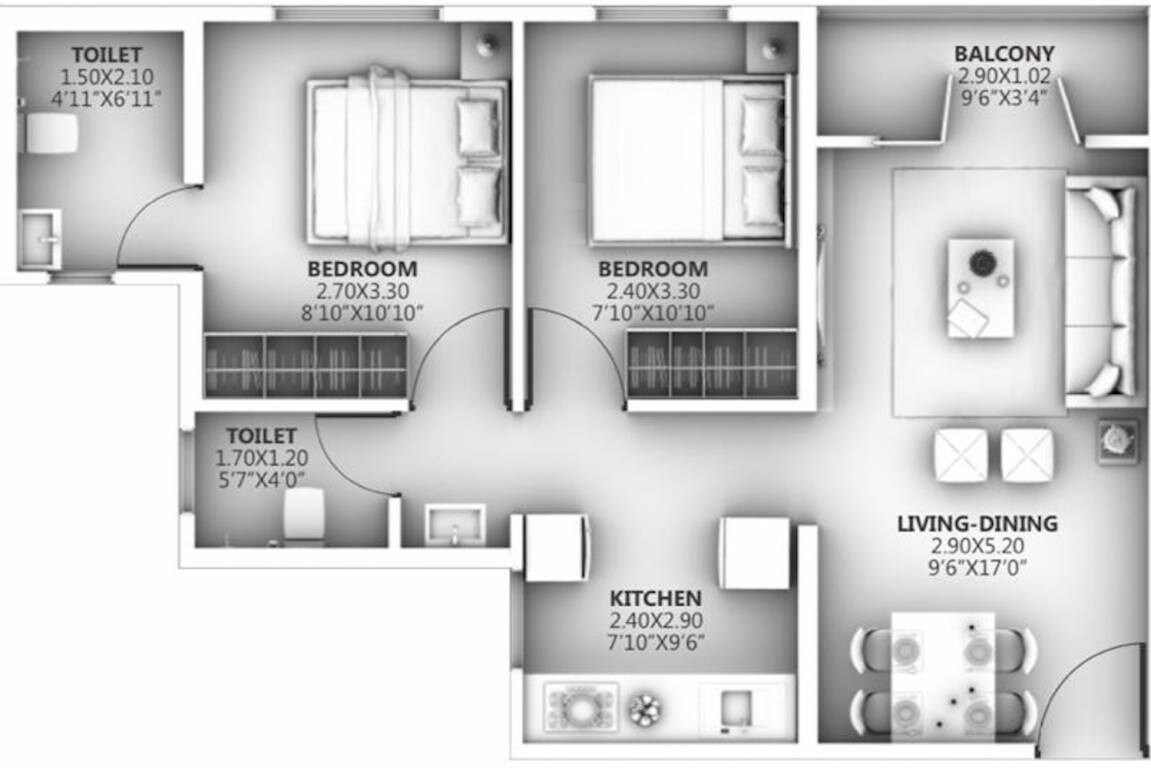 Floor plan of 2 BHK 517 Sq. Ft. Apartment in Goel Ganga Wagholi Township, Pune