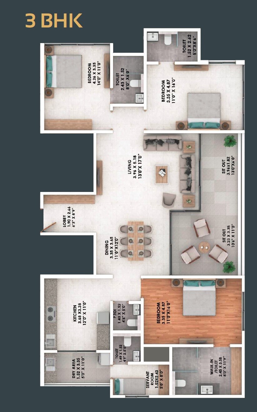 Floor plan of 3 BHK 1439 Sq. Ft. Apartment in Goel One Boat Club, Pune