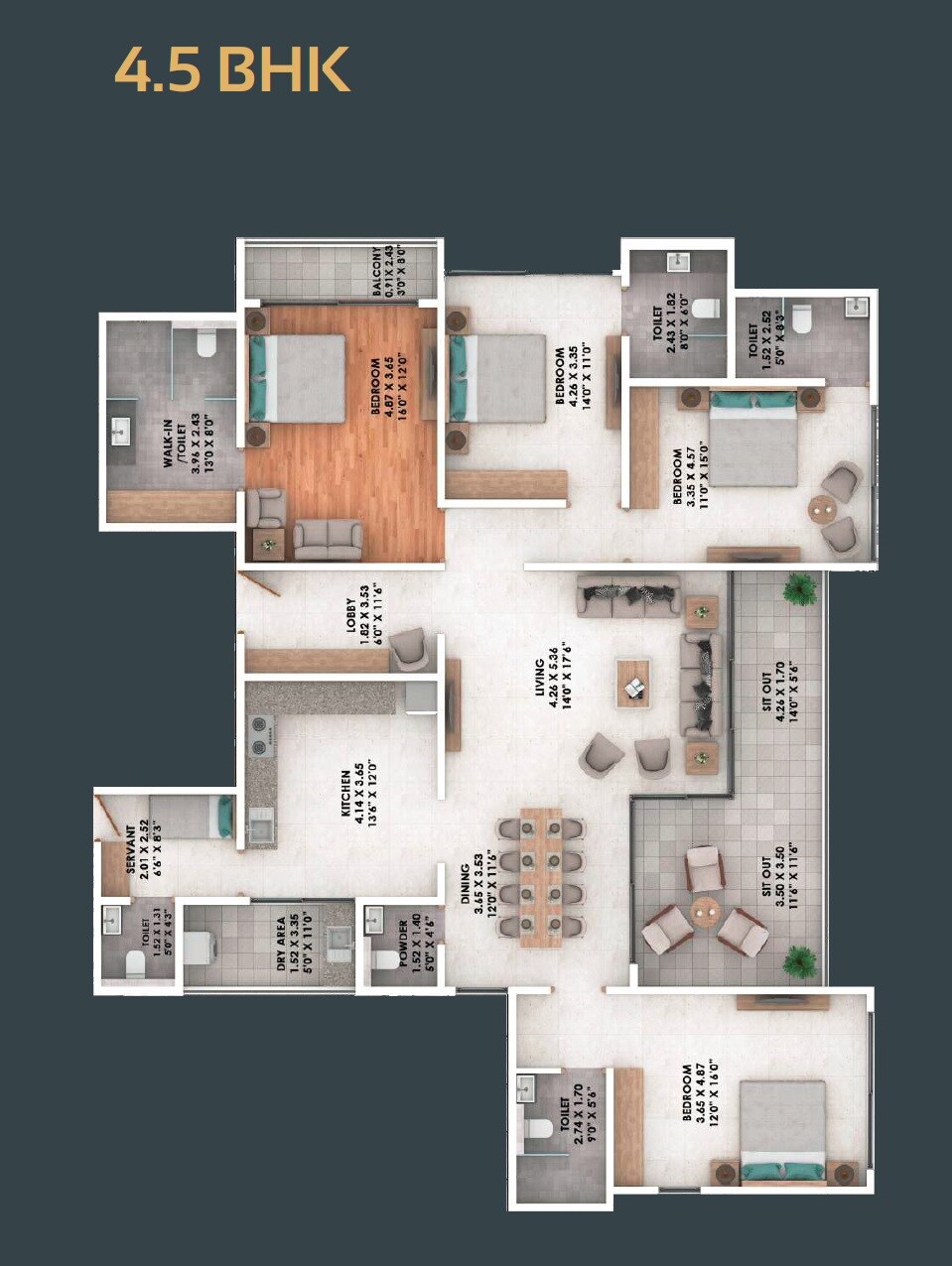 Floor plan of 4 BHK 1854 Sq. Ft. Apartment in Goel One Boat Club, Pune