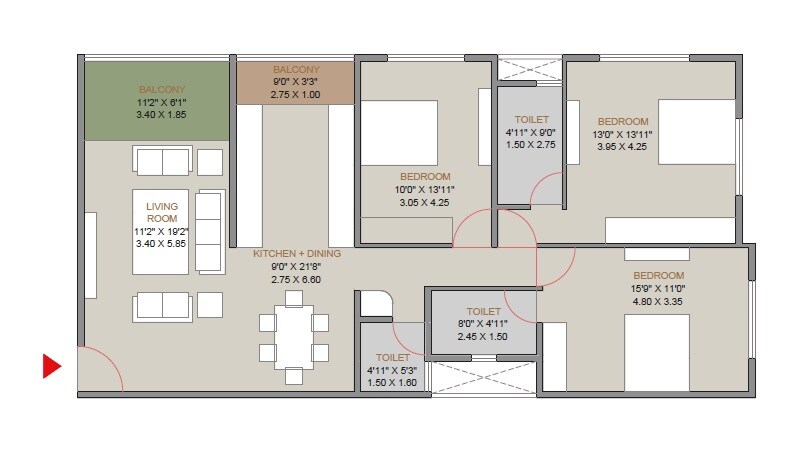 Floor plan of 3 BHK 1233 Sq. Ft. Apartment in Gokhale Ganga Lahari CHS, Pune