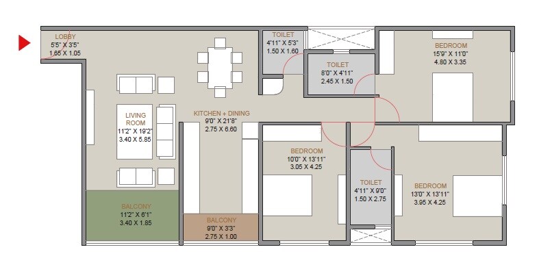 Floor plan of 3 BHK 1250 Sq. Ft. Apartment in Gokhale Ganga Lahari CHS, Pune