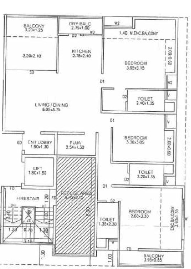 Floor plan of 3 BHK 1148 Sq. Ft. Apartment in Gokhale Gurusparsha, Pune