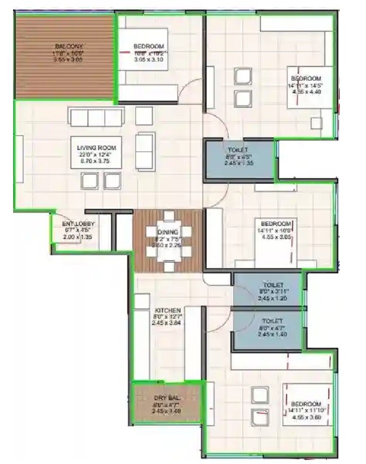 Floor plan of 4 BHK 1301 Sq. Ft. Apartment in Gokhale Gurusparsha, Pune