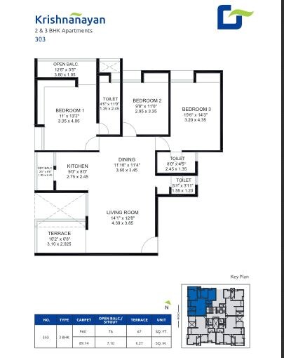 Floor plan of 3 BHK 960 Sq. Ft. Apartment in Gokhale Krishnanayan, Pune
