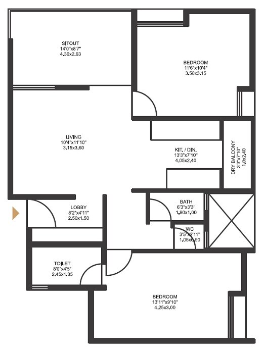 Floor plan of 2 BHK 678 Sq. Ft. Apartment in Gokhale Rahulkunj, Pune