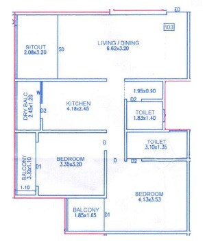 Floor plan of 2 BHK 952 Sq. Ft. Apartment in Gokhale Shree Ganesh Avantika CHS, Pune