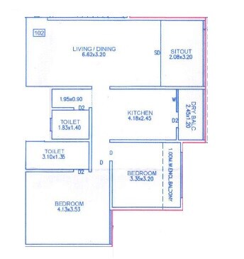 Floor plan of 2 BHK 1060 Sq. Ft. Apartment in Gokhale Shree Ganesh Avantika CHS, Pune