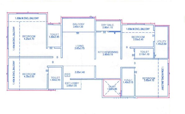 Floor plan of 4 BHK 1623 Sq. Ft. Apartment in Gokhale Shree Ganesh Avantika CHS, Pune