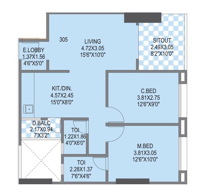 Floor plan of 2 BHK 762 Sq. Ft. Apartment in Golden Aura, Pune