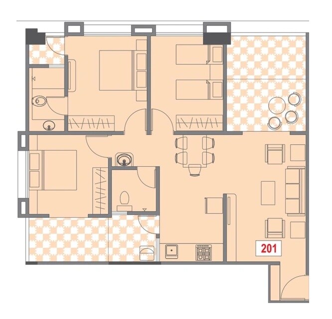 Floor plan of 3 BHK 1014 Sq. Ft. Apartment in Golden Aura, Pune