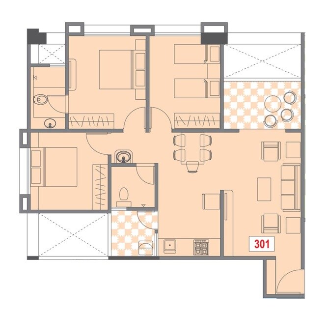 Floor plan of 3 BHK 872 Sq. Ft. Apartment in Golden Aura, Pune