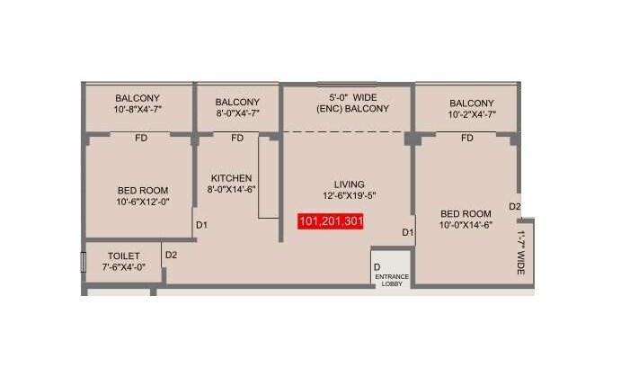 Floor plan of 2 BHK 563 Sq. Ft. Apartment in Golden Fortune, Pune