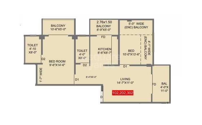 Floor plan of 2 BHK 659 Sq. Ft. Apartment in Golden Fortune, Pune
