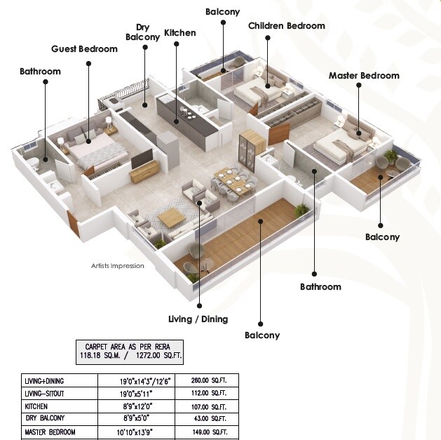 Floor plan of 3 BHK 1272 Sq. Ft. Apartment in Golden Gold Crest, Pune