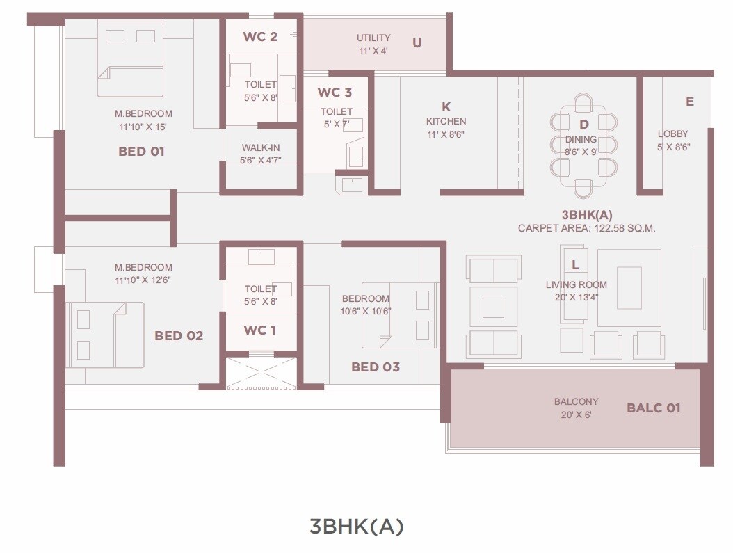 Floor plan of 3 BHK 1320 Sq. Ft. Apartment in Golden Montage, Pune