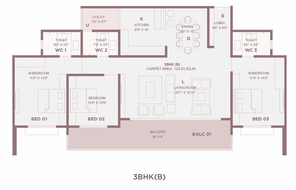 Floor plan of 3 BHK 1365 Sq. Ft. Apartment in Golden Montage, Pune