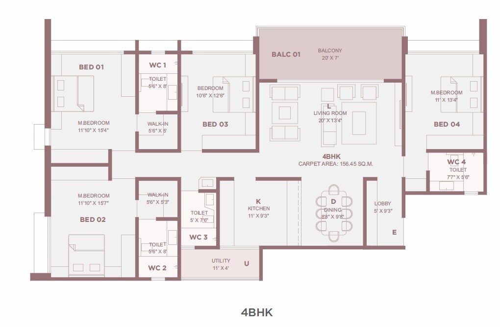 Floor plan of 4 BHK 1685 Sq. Ft. Apartment in Golden Montage, Pune