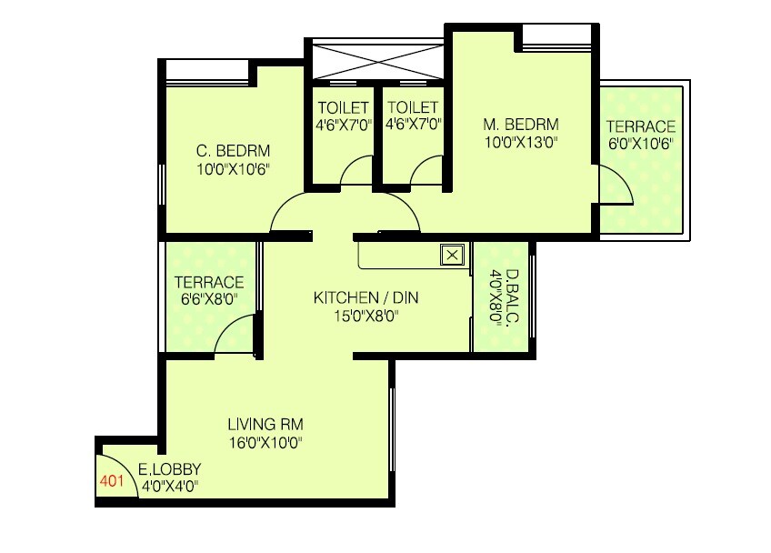 Floor plan of 2 BHK 1037 Sq. Ft. Apartment in Golden Nest, Pune