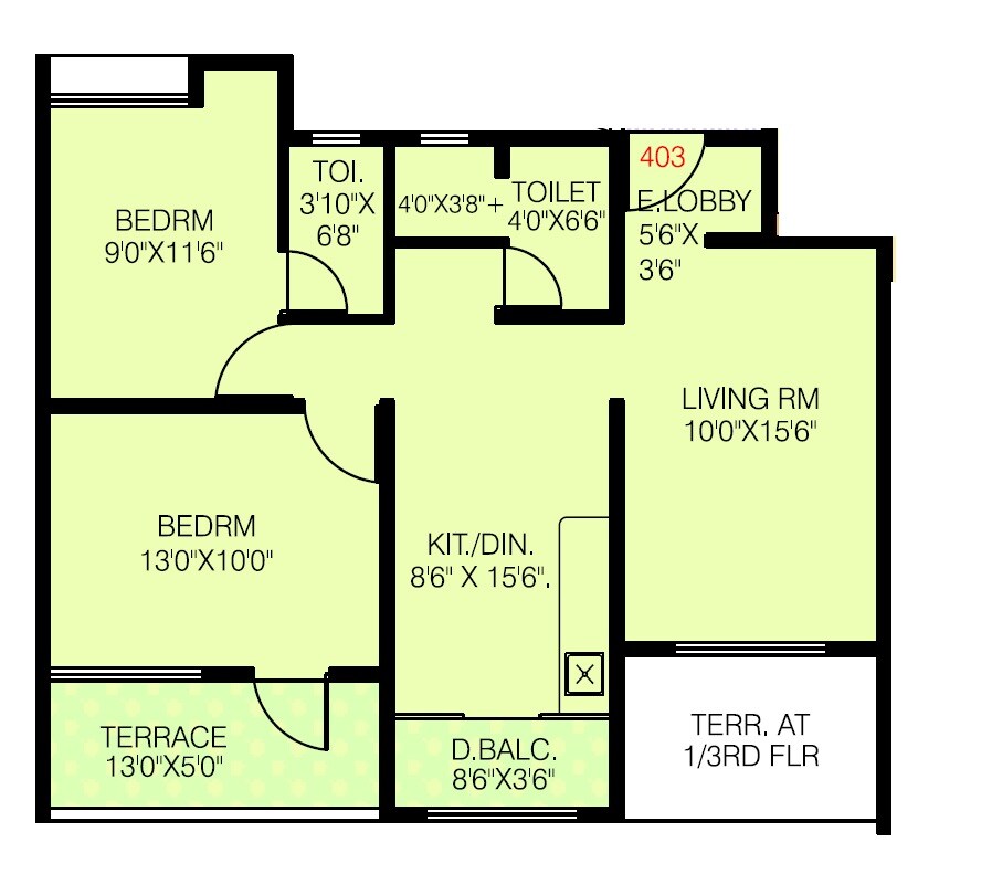 Floor plan of 2 BHK 963 Sq. Ft. Apartment in Golden Nest, Pune
