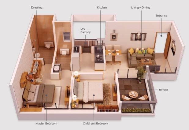 Floor plan of 2 BHK 604 Sq. Ft. Apartment in Golecha Ethos C Wing, Pune