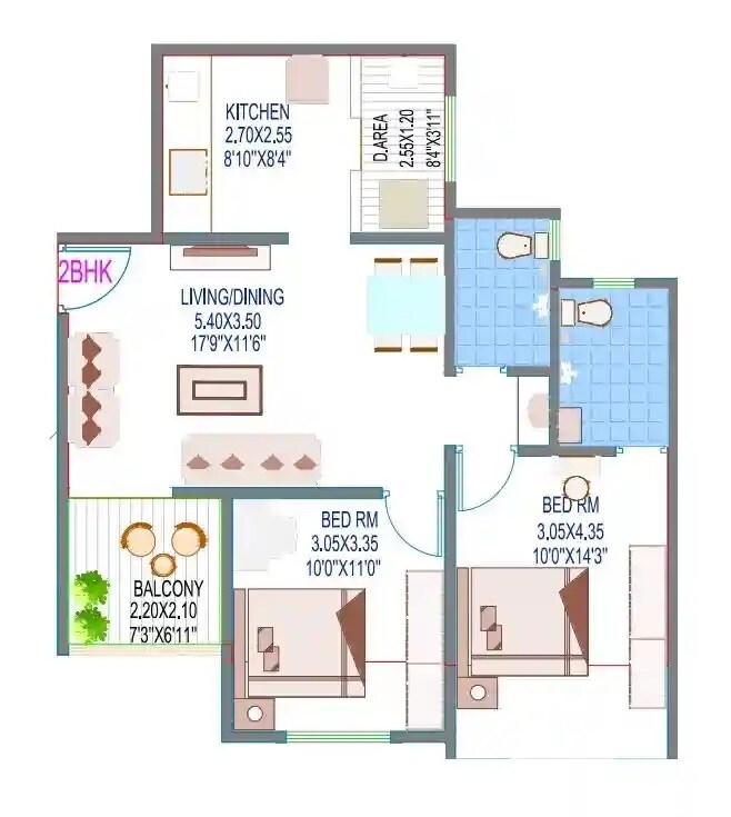 Floor plan of 2 BHK 742 Sq. Ft. Apartment in Goodwills Palaash Riveria, Pune