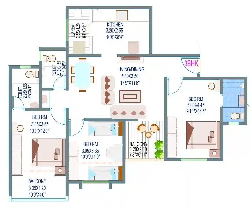 Floor plan of 3 BHK 981 Sq. Ft. Apartment in Goodwills Palaash Riveria, Pune
