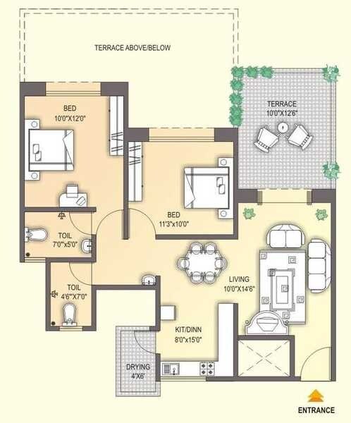 Floor plan of 2 BHK Apartment - 1100 sq. ft. in Goyal Gulmohar Garden, Pune