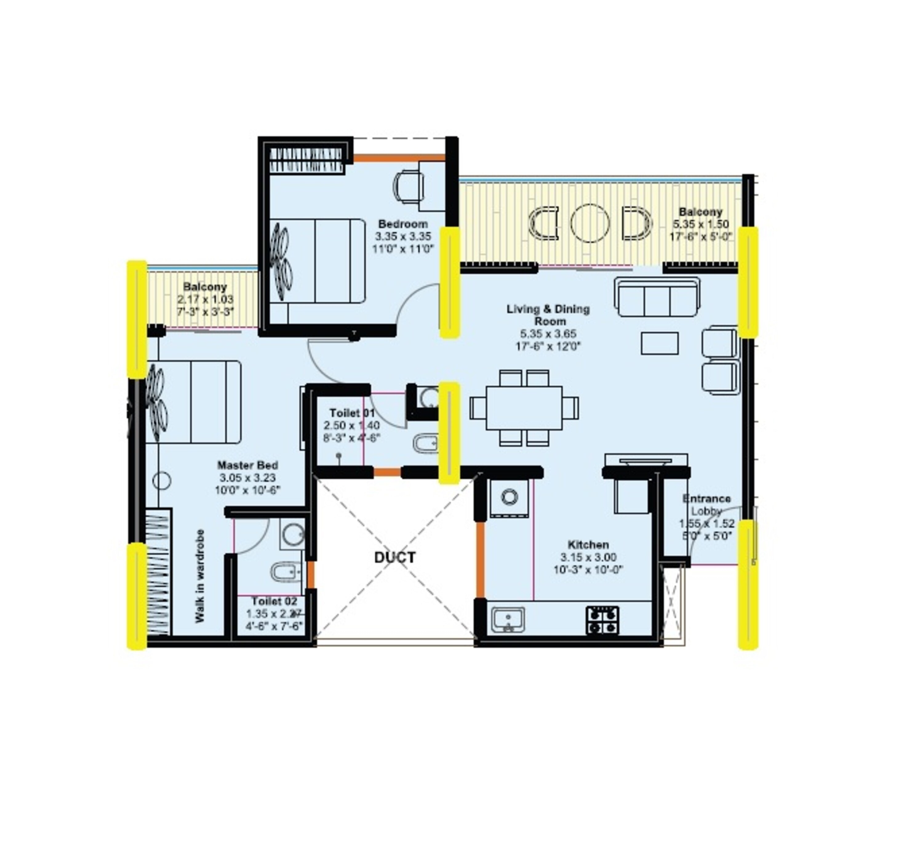 Floor plan of 2 BHK 890 Sq. Ft. Apartment in Goyal My Home Upper Kharadi, Pune