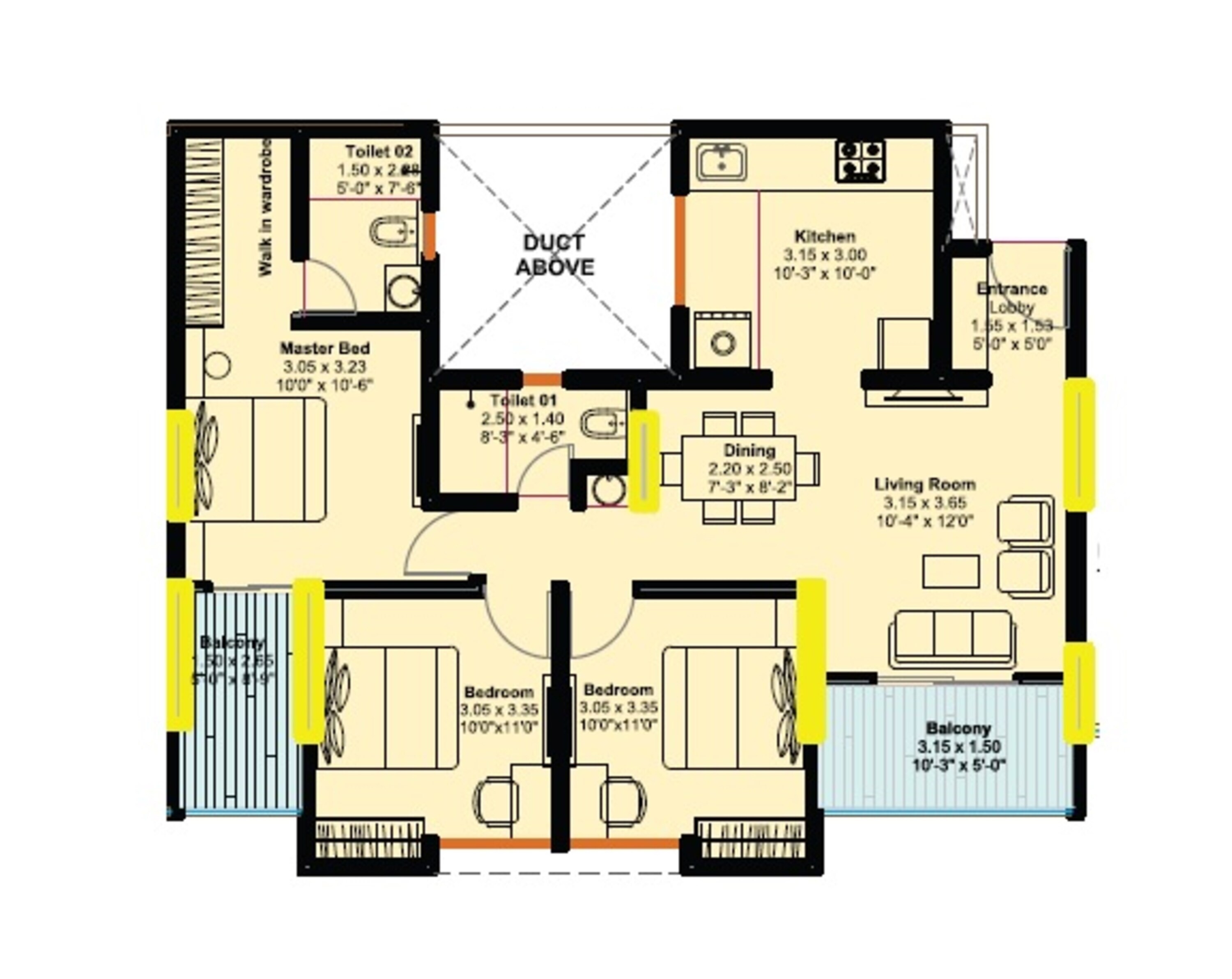 Floor plan of 3 BHK 1097 Sq. Ft. Apartment in Goyal My Home Upper Kharadi, Pune