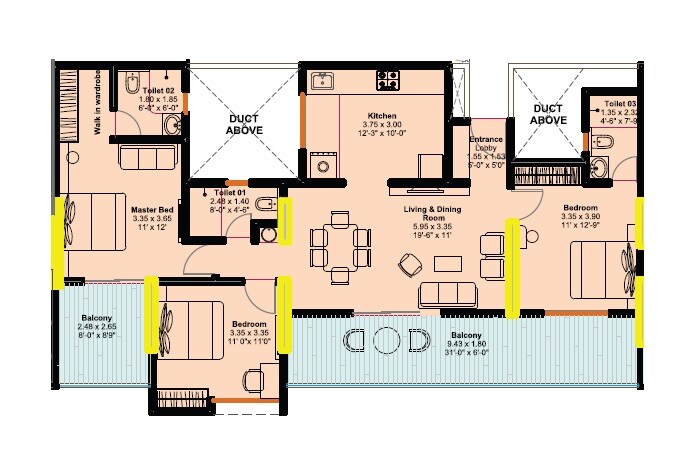 Floor plan of 3 BHK 1210 Sq. Ft. Apartment in Goyal My Home Upper Kharadi, Pune