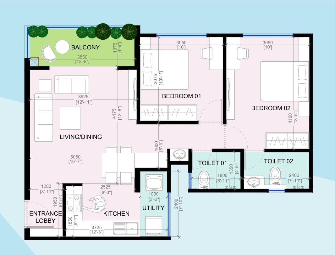 Floor plan of 2 BHK 710 Sq. Ft. Apartment in Goyal My Homes Wakad, Pune