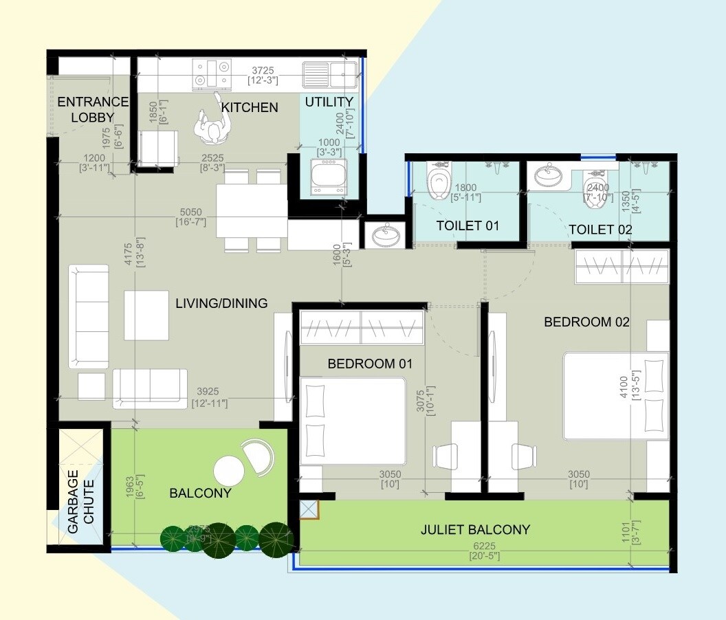 Floor plan of 2 BHK 794 Sq. Ft. Apartment in Goyal My Homes Wakad, Pune