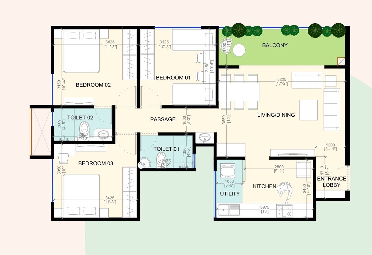 Floor plan of 3 BHK 910 Sq. Ft. Apartment in Goyal My Homes Wakad, Pune