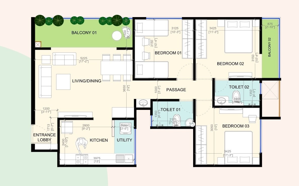 Floor plan of 3 BHK 941 Sq. Ft. Apartment in Goyal My Homes Wakad, Pune