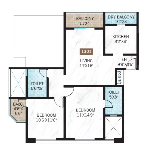 Floor plan of 2 BHK 812 Sq. Ft. Apartment in GPL Indraprastha, Pune