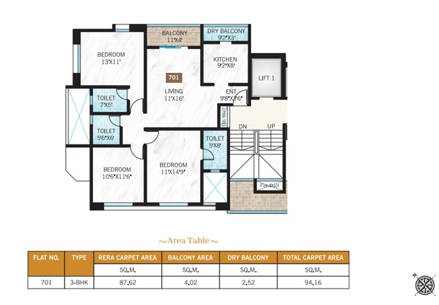 Floor plan of 3 BHK 1014 Sq. Ft. Apartment in GPL Indraprastha, Pune