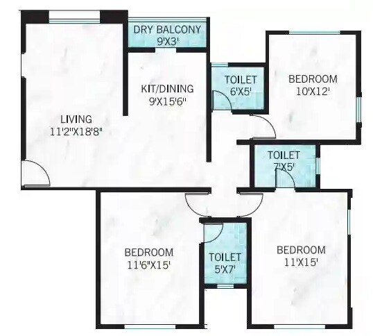 Floor plan of 3 BHK 1128 Sq. Ft. Apartment in GPL Indraprastha, Pune