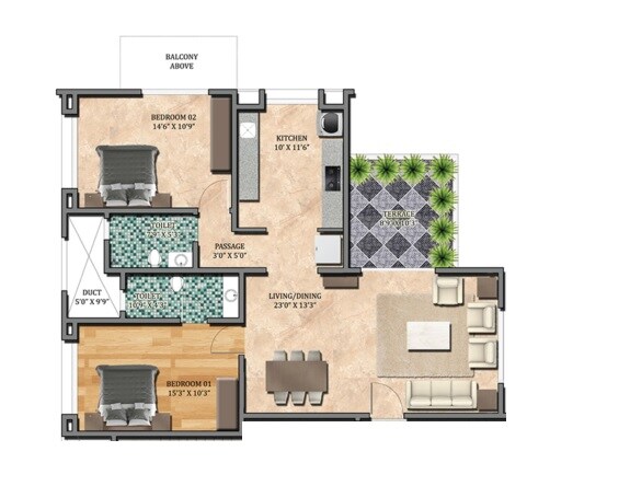 2 BHK 889 Sq. Ft. Apartment