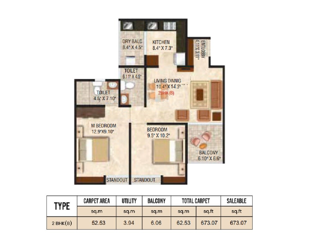 Floor plan of 2 BHK Apartment - 673 sq. ft. in Grand Exotica, Pune