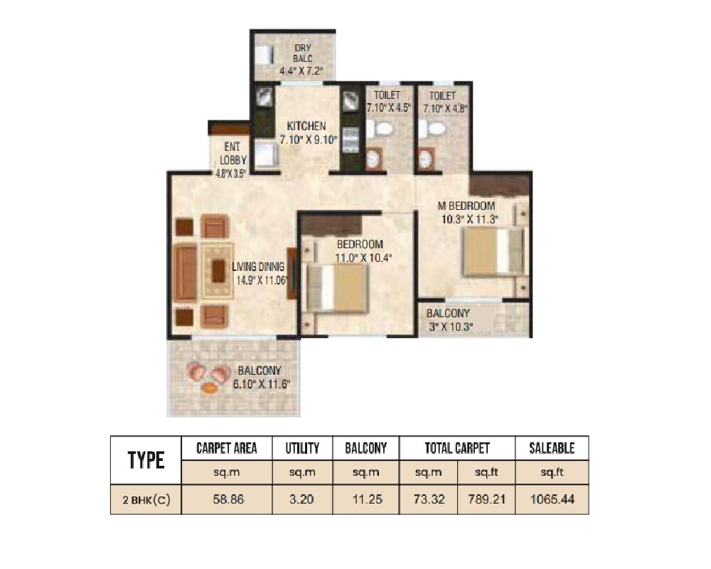 Floor plan of 2 BHK Apartment - 789 sq. ft. in Grand Exotica, Pune