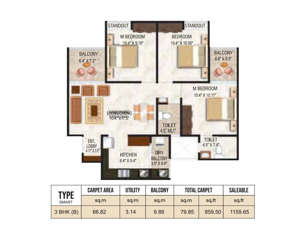 Floor plan of 3 BHK Apartment - 859 sq. ft. in Grand Exotica, Pune