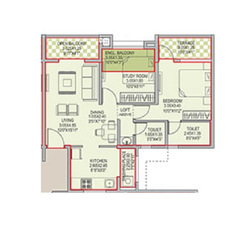 Floor plan of 1 BHK 365 Sq. Ft. Apartment in Grande View 7 Phase 1, Pune