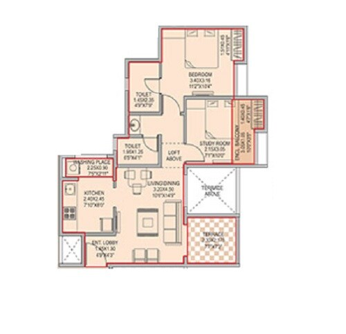 Floor plan of 2 BHK 601 Sq. Ft. Apartment in Grande View 7 Phase 1, Pune