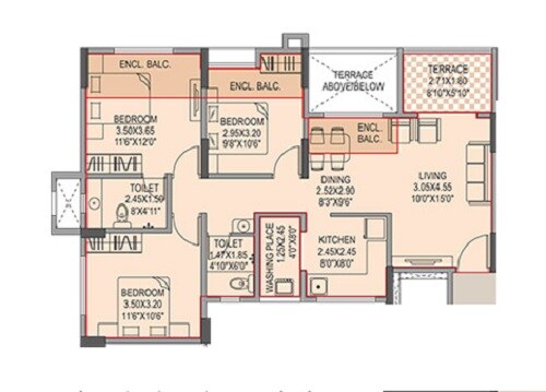 Floor plan of 3 BHK 612 Sq. Ft. Apartment in Grande View 7 Phase 1, Pune